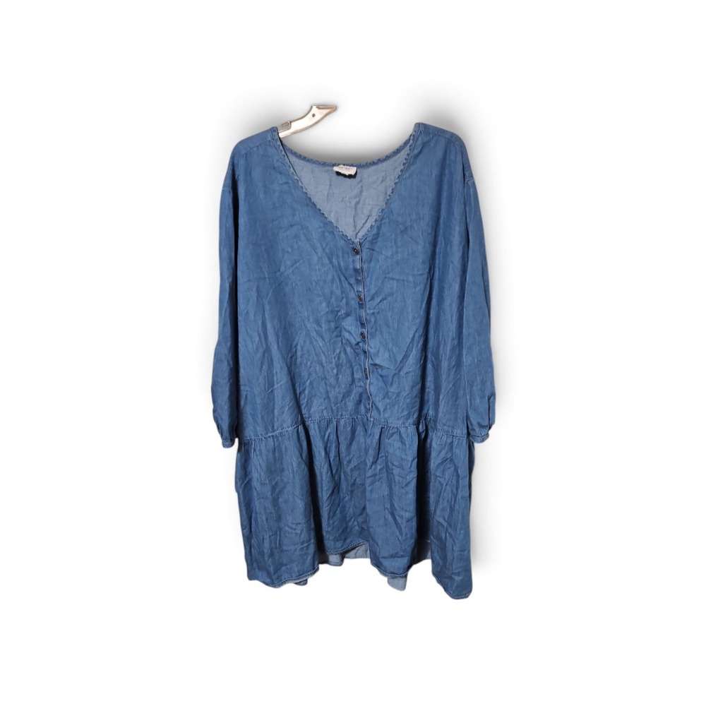 True Craft Womens Blue Denim V-Neck Ruffle Tiered Long Sleeve Dress 3X 0585
